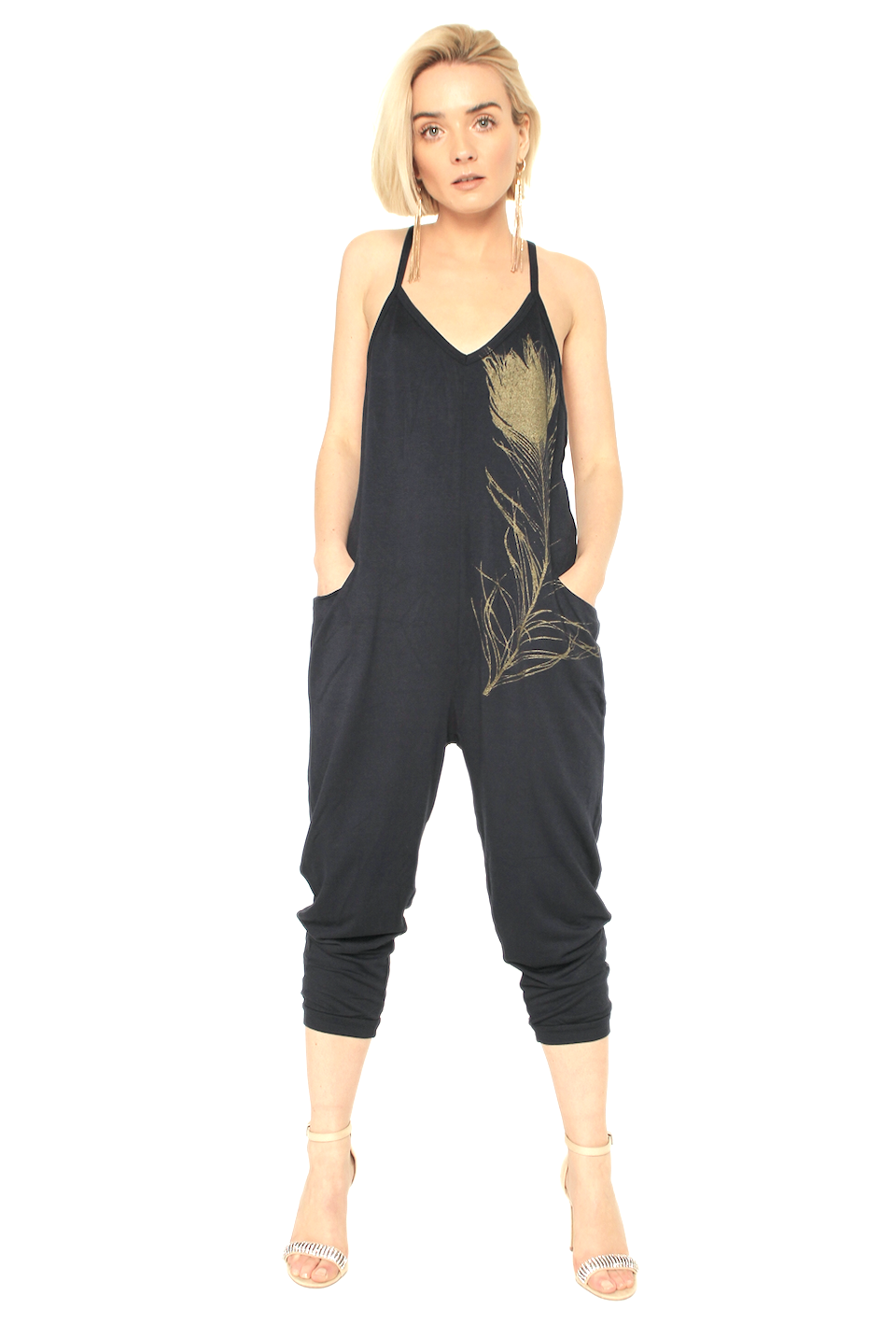 WABI SABI SALE Peacock Feather Jumpsuit Grey with copper feather