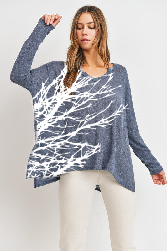 Indigo Sideways Tree Vneck Knit Long Sleeve-FLOWY